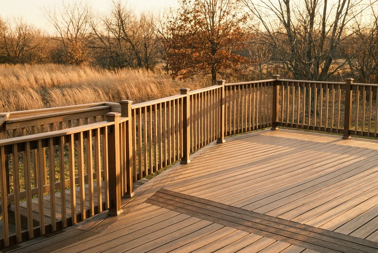 A finished composite deck with bare, turning trees in the yard beyond it, in low, slanting light.