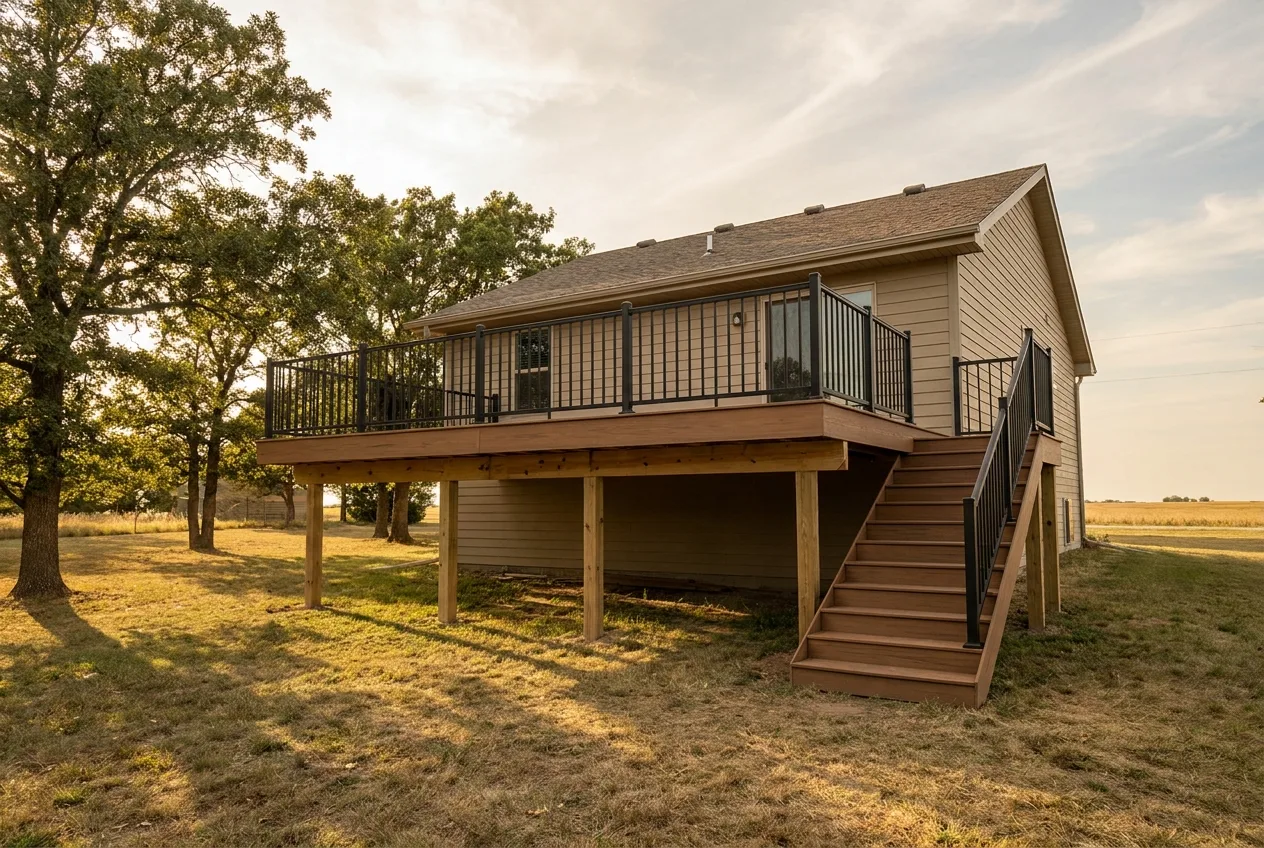 A deck built well above ground level on a single-family home, support posts and the yard visible beneath it in warm late-afternoon light.