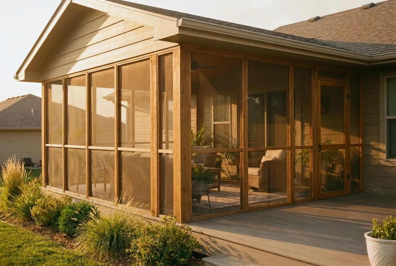 A finished screened porch attached to a single-family home, its roof and screened walls visible against the house in late afternoon light.