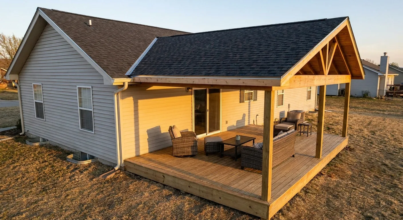 A finished deck cover with a screened porch, built onto the back of a house.