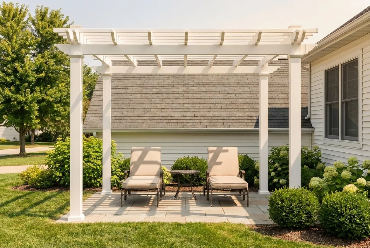 A white PVC pergola over a stone patio with two cushioned lounge chairs beside a single-family home, warm afternoon light, no people visible.