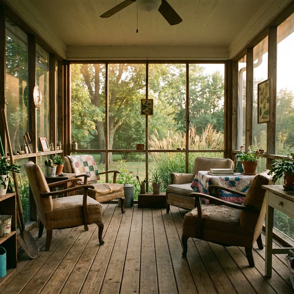 Interior view of a screened porch with a natural wood plank ceiling, a ceiling fan, and full-height screen panels looking out over a grassy backyard.