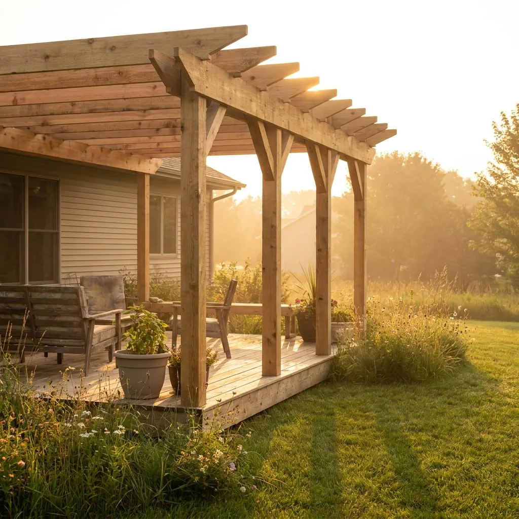 A custom cedar pergola built over a deck, with the warm, natural wood grain visible across its beams and posts.