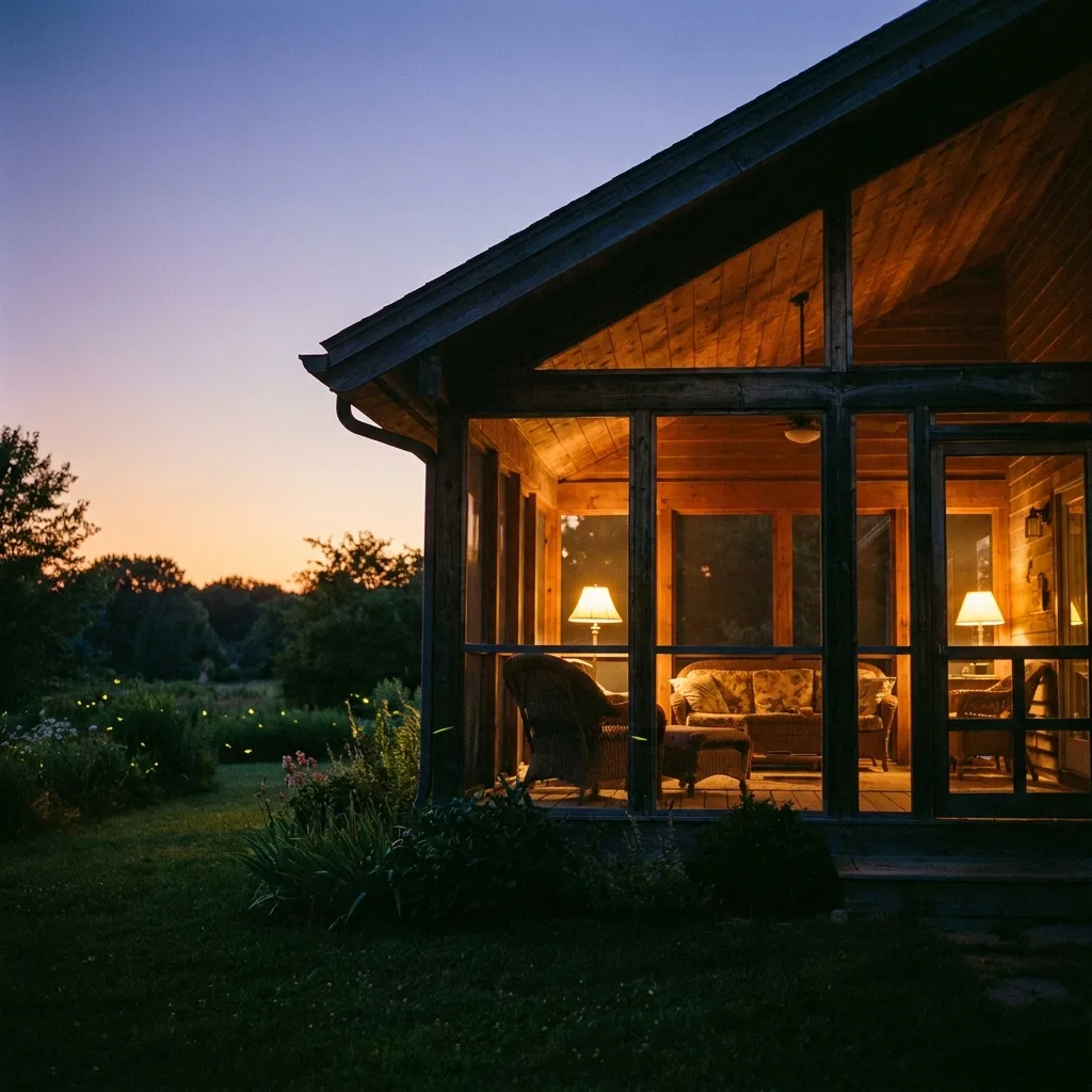 A screened-in porch with a paddle fan and string lighting at dusk.