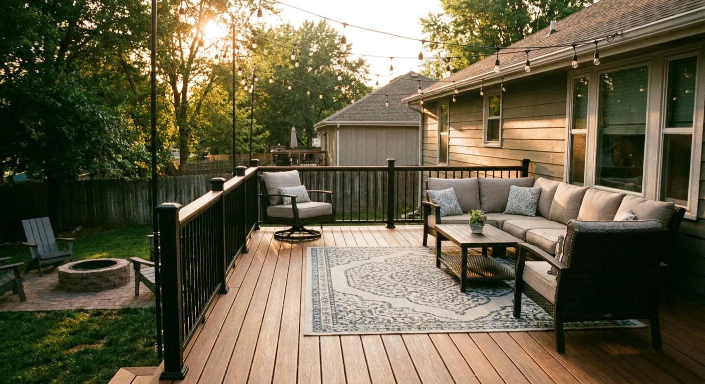 A composite deck with black metal railing, furnished with an outdoor sofa and rug.