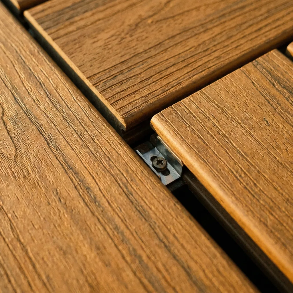 A close detail of deck board joinery and a railing post connection.