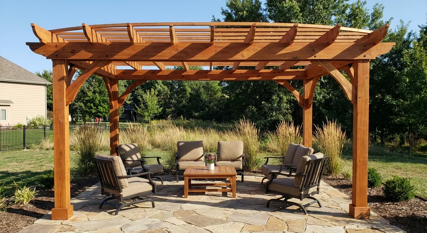 A custom cedar pergola over a patio, string lights strung between the rafters.