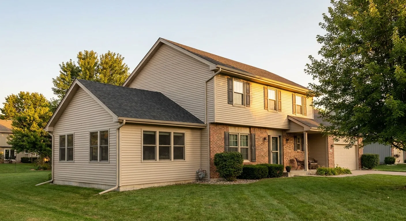 A room addition with windows matched to the trim and siding of the existing house.