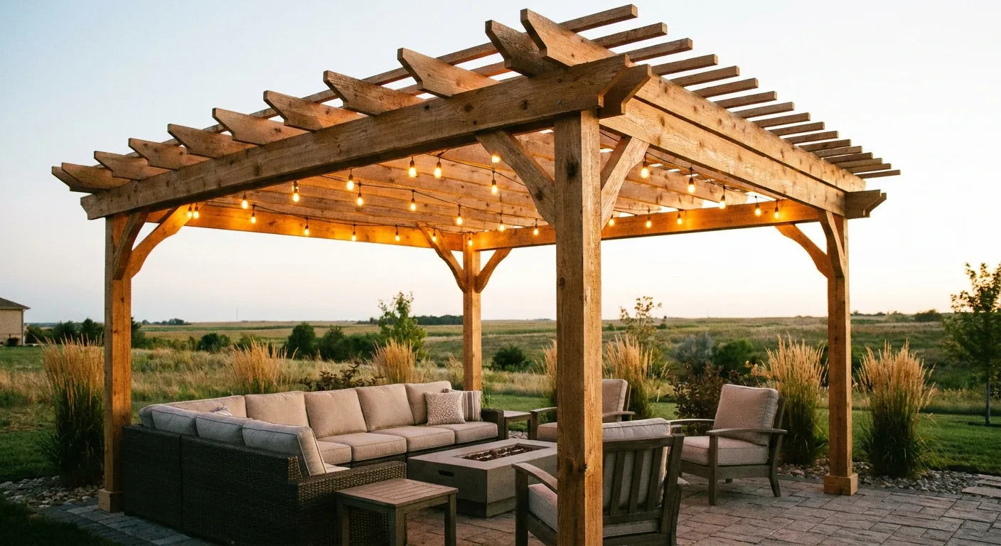 A cedar pergola over a paver patio strung with string lights.