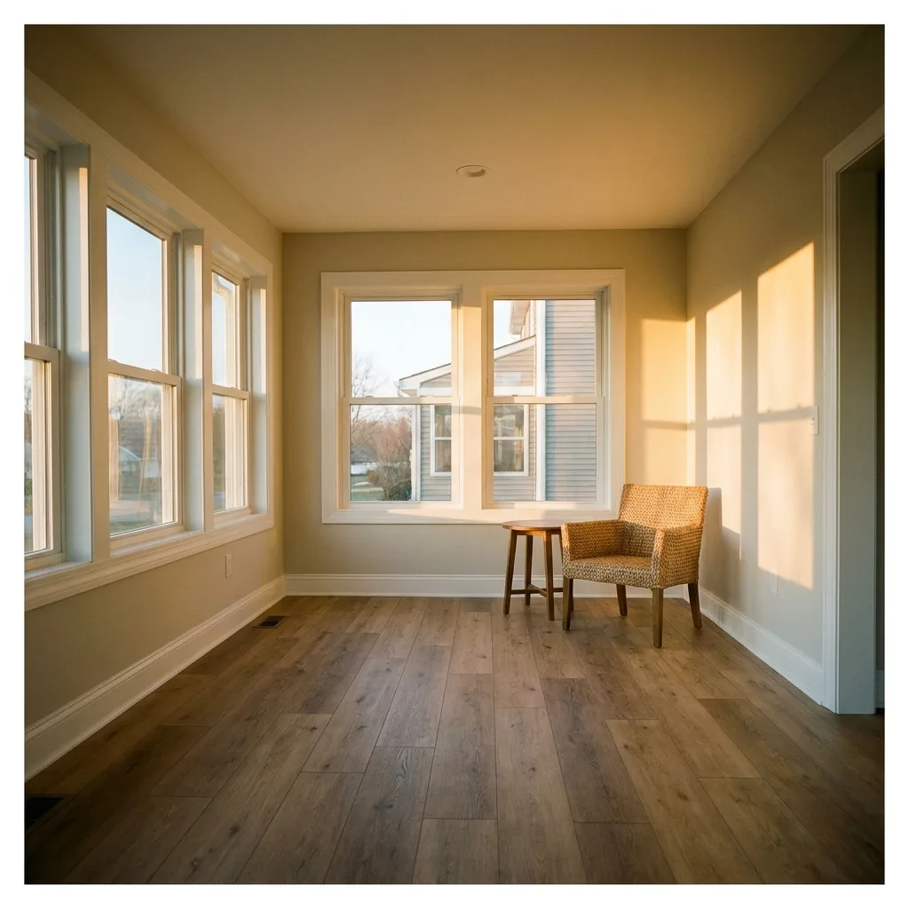 The finished interior of a room addition, drywalled, trimmed, and furnished.
